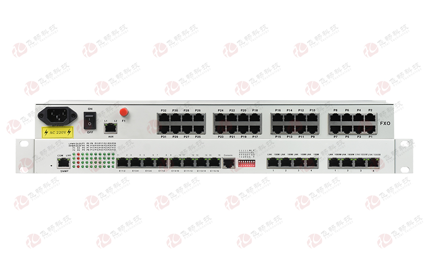 飛暢科技-32路電話+16E1+4FE+4GE+2路數(shù)據(jù)+SNMP+console（19英寸，物理隔離）電話光端機(jī)